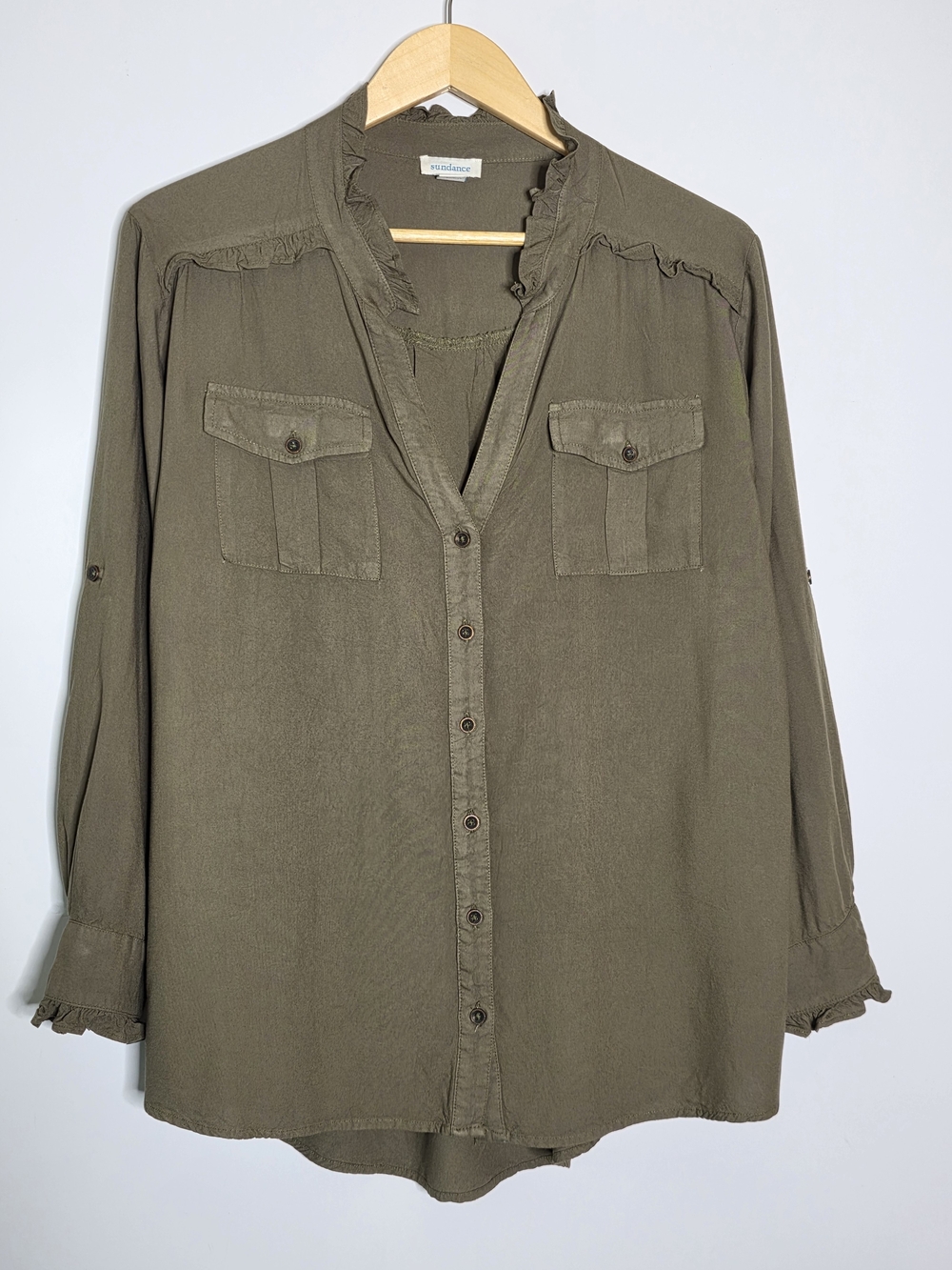 Sundance Olive Green Ruffle detail collarless button down casual shirt Size Med